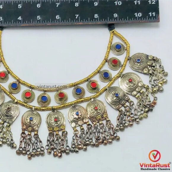 Gypsy Statement Necklace, Handmade Multi Layer Afghan Choker with Bells - Picture 7 of 10